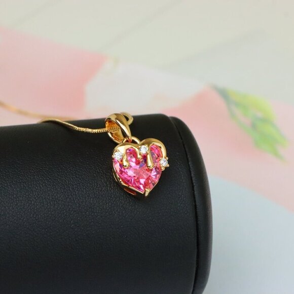 "Heart Drip Pink Pendant in Gold Finish Romantic Charm, XPPT1698 - Picture 13 of 13